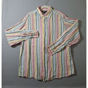 Cremieux Collection Shirt Mens XL 100% Linen Long Sleeve  Rainbow Stripes